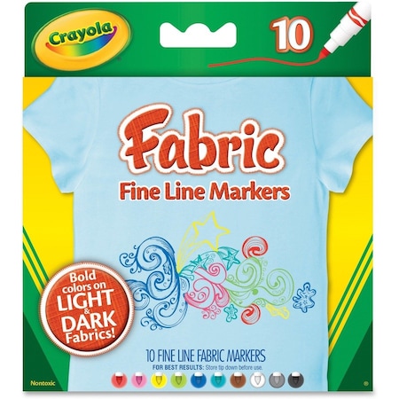 Crayola Fabric Markers, Fine Line, Nontoxic, 10/ST, Assorted PK CYO588626